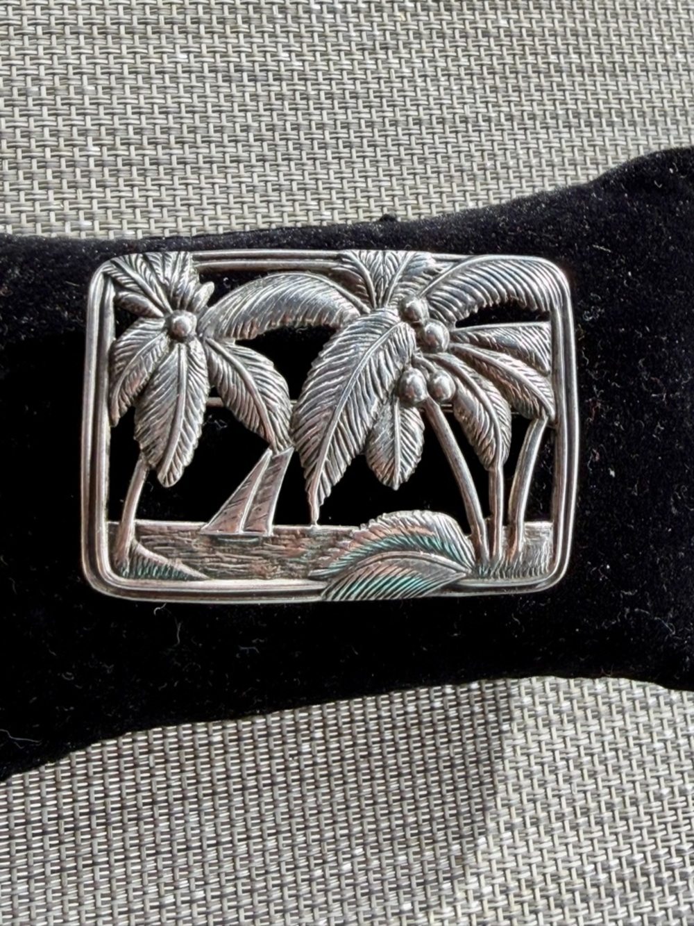 Sterling Silver Palm Tree Beach Boat Brooch 2” circa 1950